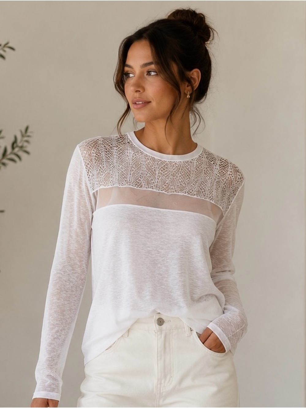 BCBGMaxAzria White Lace Yoke Sheer-Panel Long Sleeve Top